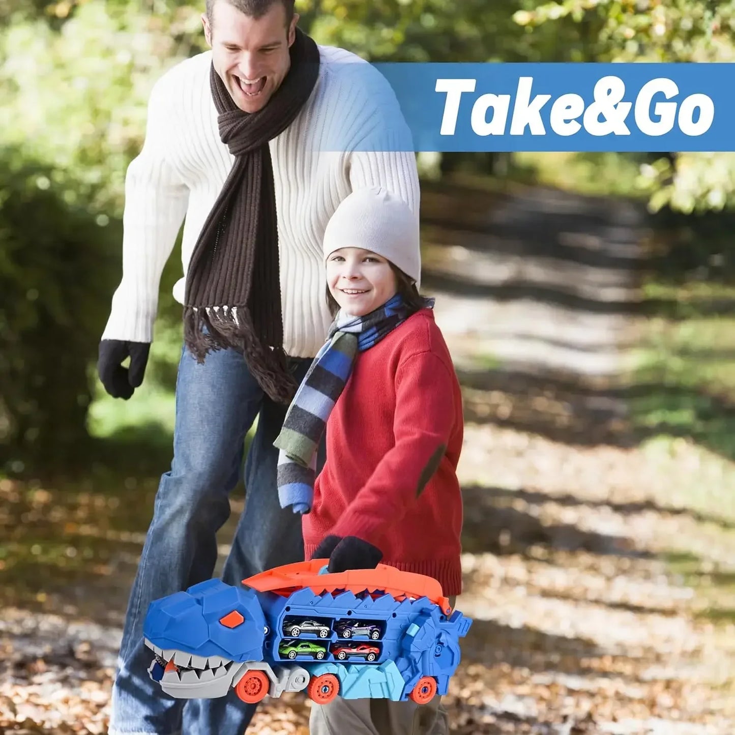 Transport Dinosaur Truck with Foldable Sliding Race Track Transforms into Standing T-rex Best Birthday Gifts Toys Boys Girls Kid