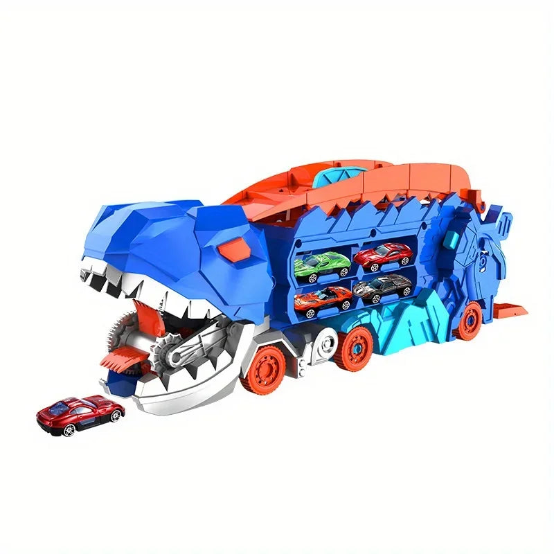 Transport Dinosaur Truck with Foldable Sliding Race Track Transforms into Standing T-rex Best Birthday Gifts Toys Boys Girls Kid