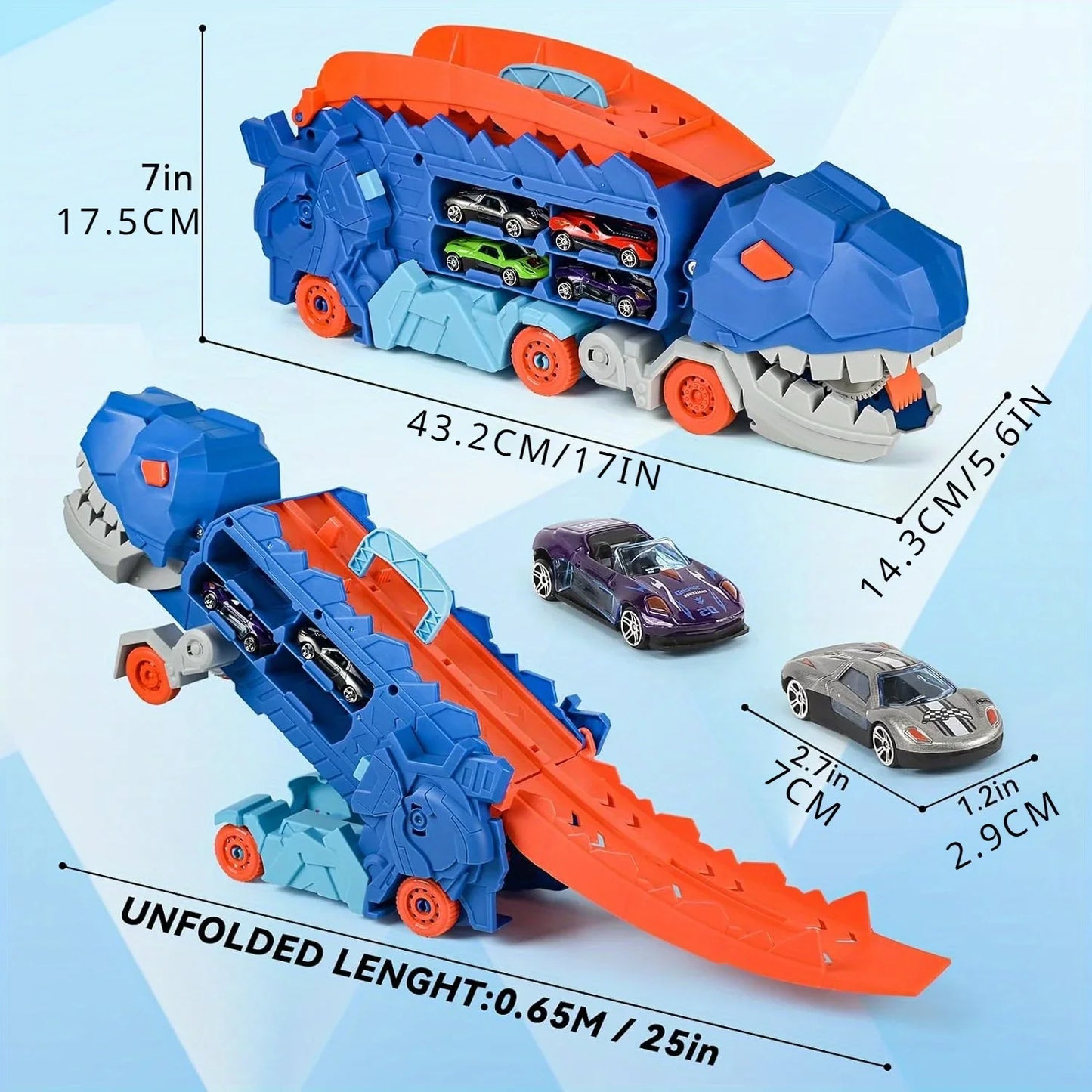 Transport Dinosaur Truck with Foldable Sliding Race Track Transforms into Standing T-rex Best Birthday Gifts Toys Boys Girls Kid
