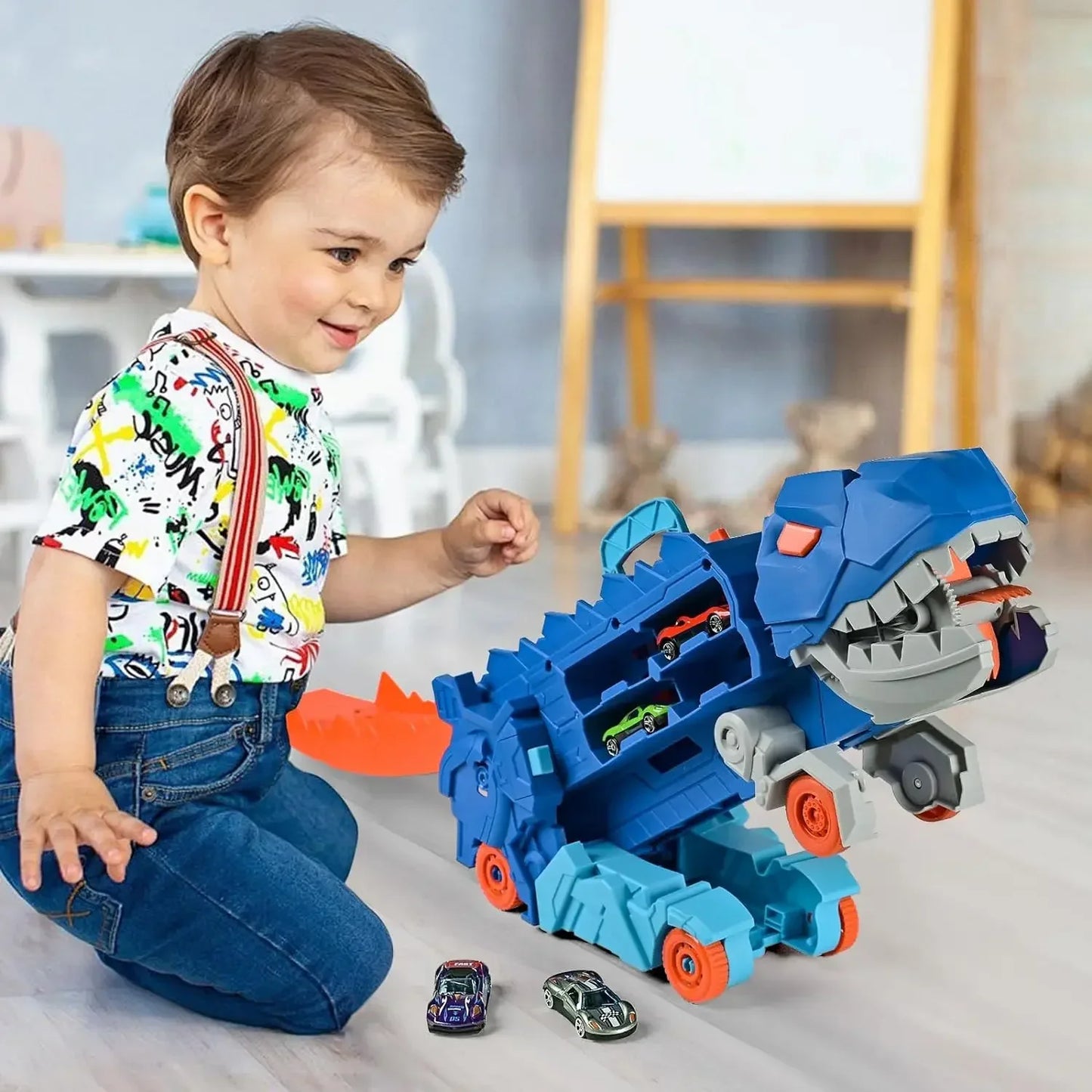 Transport Dinosaur Truck with Foldable Sliding Race Track Transforms into Standing T-rex Best Birthday Gifts Toys Boys Girls Kid