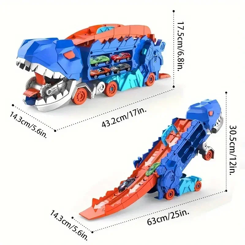 Transport Dinosaur Truck with Foldable Sliding Race Track Transforms into Standing T-rex Best Birthday Gifts Toys Boys Girls Kid