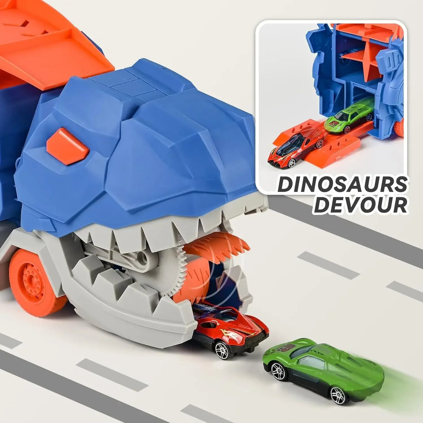 Transport Dinosaur Truck with Foldable Sliding Race Track Transforms into Standing T-rex Best Birthday Gifts Toys Boys Girls Kid