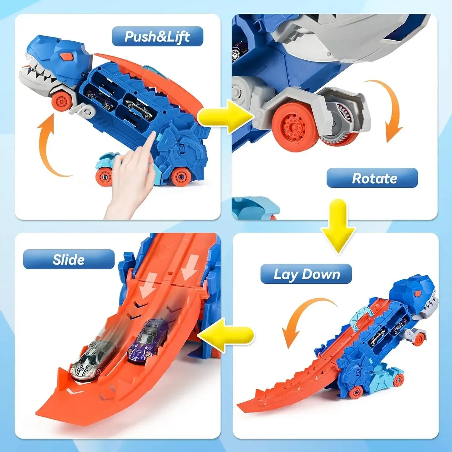 Transport Dinosaur Truck with Foldable Sliding Race Track Transforms into Standing T-rex Best Birthday Gifts Toys Boys Girls Kid