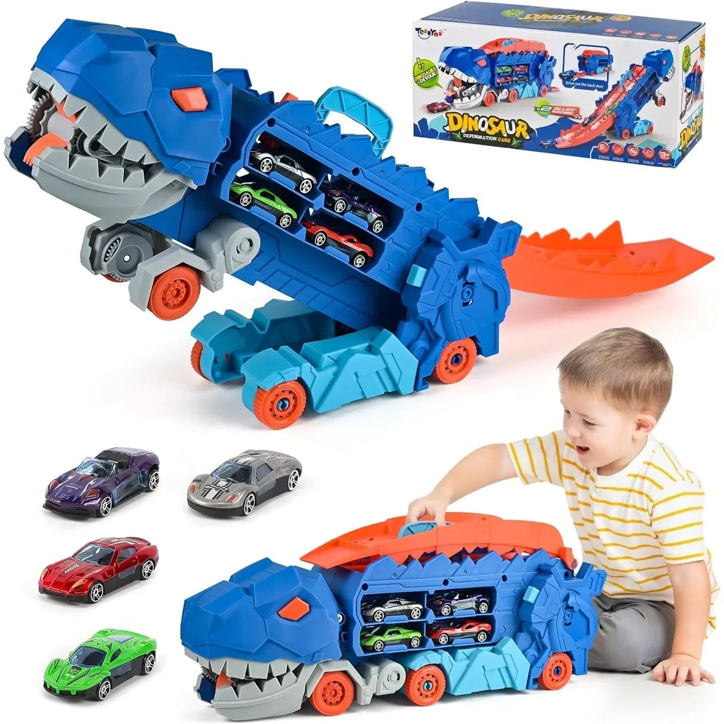 Transport Dinosaur Truck with Foldable Sliding Race Track Transforms into Standing T-rex Best Birthday Gifts Toys Boys Girls Kid