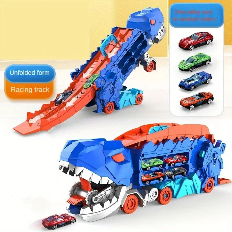 Transport Dinosaur Truck with Foldable Sliding Race Track Transforms into Standing T-rex Best Birthday Gifts Toys Boys Girls Kid